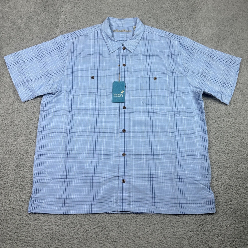 Caribbean Plaid Shirt Mens XL Blue Short Sleeve Button Up‎ Island Modal NEW